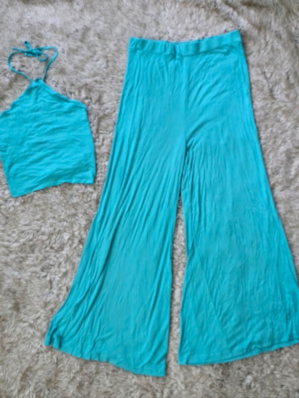 Free People Ribbed Turquoise Wide Leg Pants with Matching‎ Halter Crop Top Large